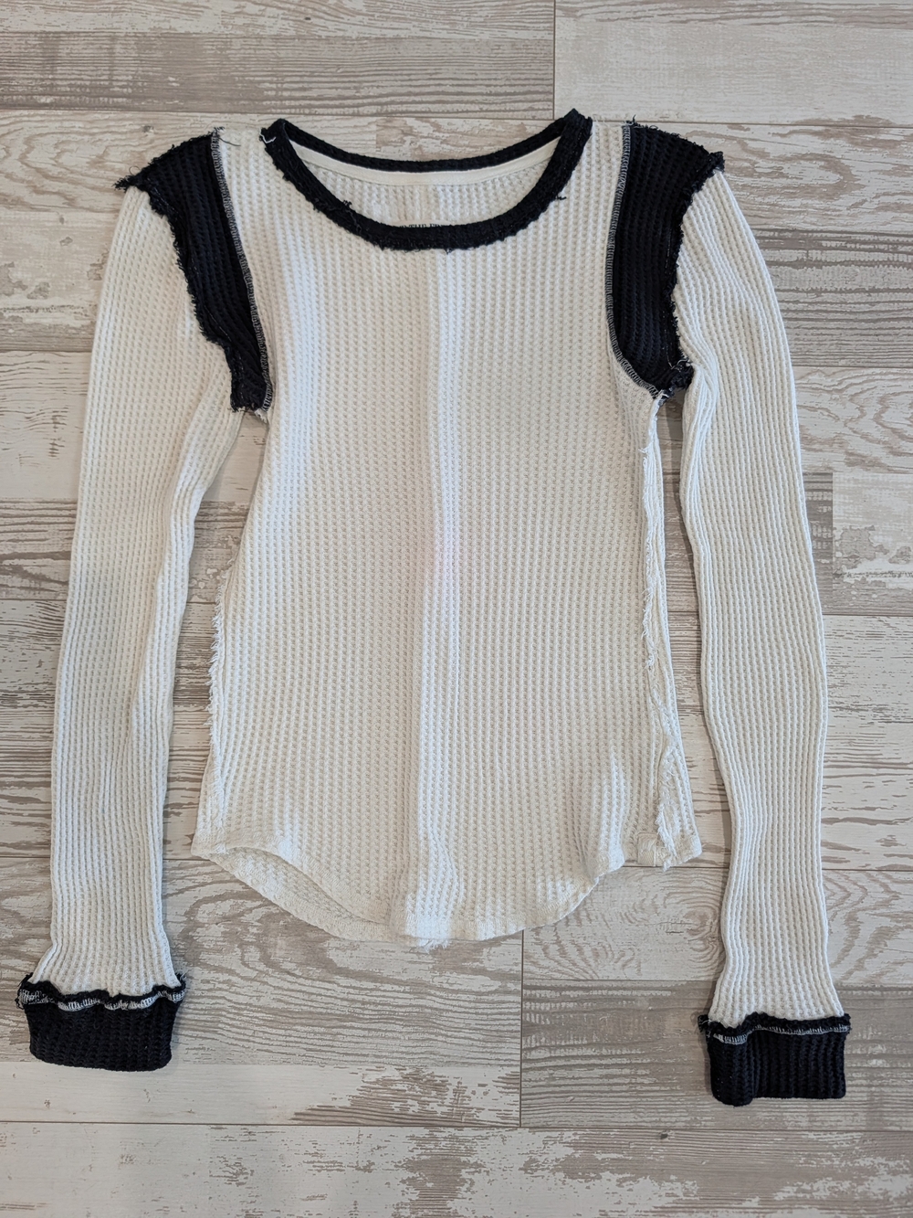 Free People. We The Free, White Waffle Thermal Long Sleeve Top with Black Trim